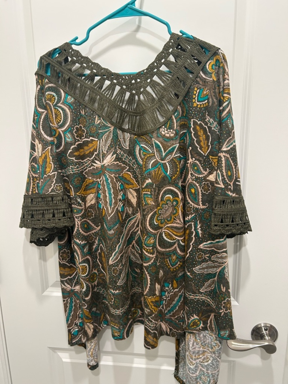 Cato Olive Paisley Light Weight Cardigan with Crochet Neckline